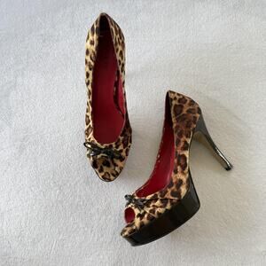 Guess Heel Shoes Womens Size 8.5 Brown Leopard Bow Platform Peep Toe Stiletto